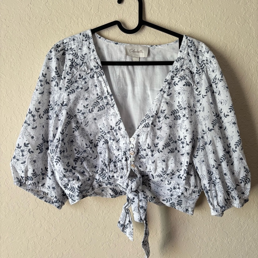 Cleobella | Women's Organic Cotton Floral Cropped 3/4 Sleeve Blouse Size Large - Picture 2 of 9